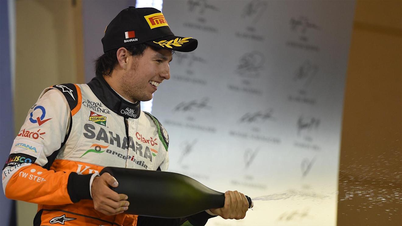 Sergio Perez (MEX) Force India celebrates on the podium. Formula One World Championship, Rd3, Bahrain Grand Prix, Race, Bahrain International Circuit, Sakhir, Bahrain, Sunday, 6 April 2014