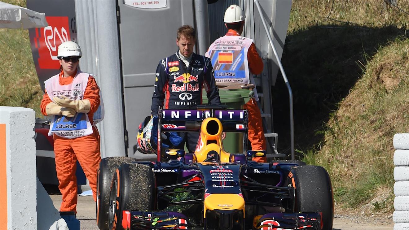 Sebastian Vettel (GER) Red Bull Racing RB10 stops on track in the first practice session. Formula One World Championship, Rd5, Spanish Grand Prix, Practice, Barcelona, Spain, Friday, 9 May 2014