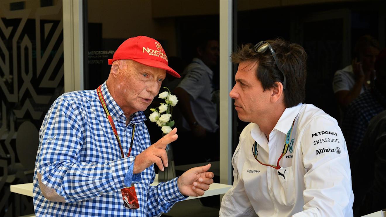 Niki Lauda (AUT) Mercedes AMG F1 Non-Executive Chairman and Toto Wolff (AUT) Mercedes AMG F1 Director of Motorsport. Formula One World Championship, Rd3, Bahrain Grand Prix, Qualifying, Bahrain International Circuit, Sakhir, Bahrain, Saturday, 5 April 2014