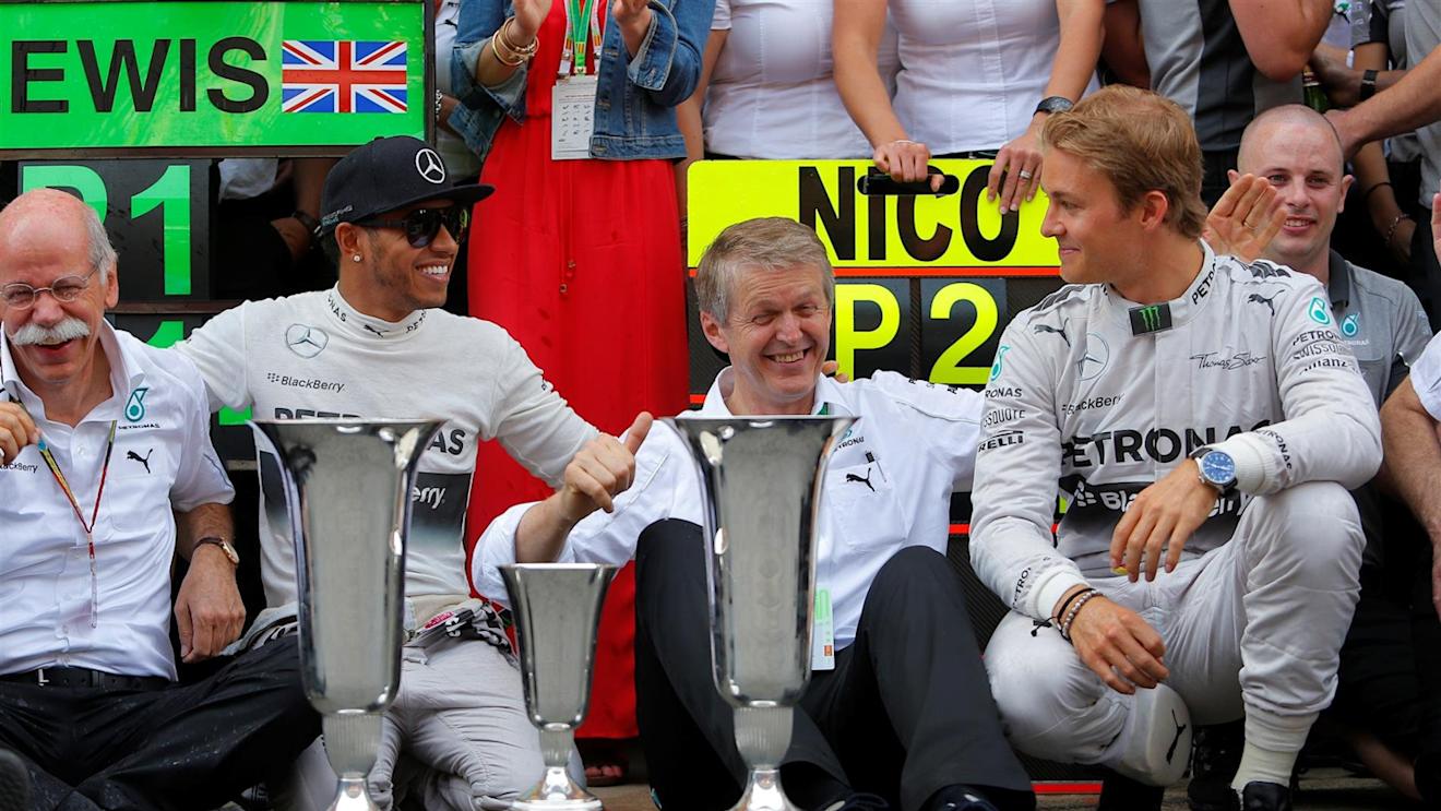 Mercedes AMG F1 celebrate victory for Lewis Hamilton (GBR) Mercedes AMG F1 and second place for Nico Rosberg (GER) Mercedes AMG F1. Formula One World Championship, Rd5, Spanish Grand Prix, Race, Barcelona, Spain, Sunday, 11 May 2014