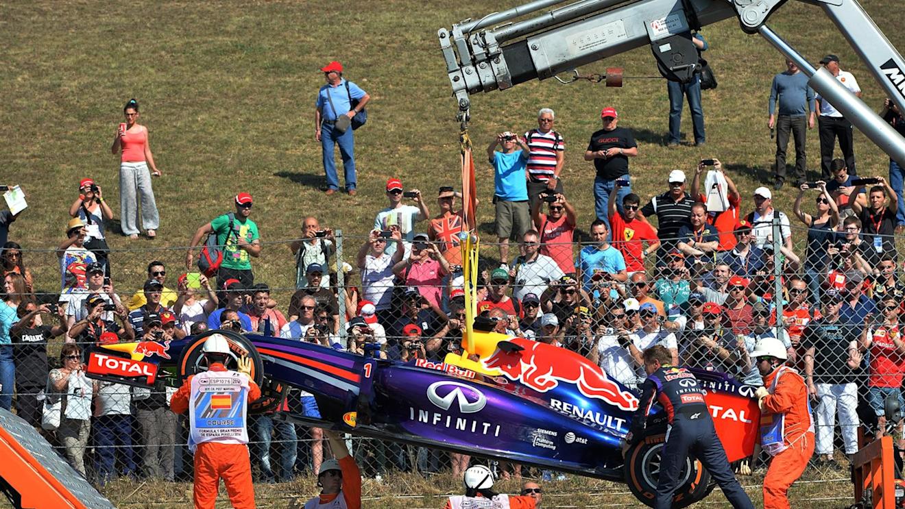 Sebastian Vettel (GER) Red Bull Racing RB10 stops on track in the first practice session. Formula One World Championship, Rd5, Spanish Grand Prix, Practice, Barcelona, Spain, Friday, 9 May 2014
