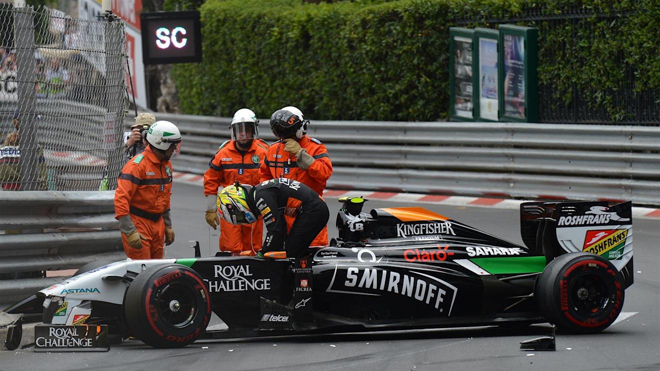 Sergio Perez (MEX) Force India VJM07 crashed on lap one. Formula One World Championship, Rd6, Monaco Grand Prix, Race, Monte-Carlo, Monaco, Sunday, 25 May 2014