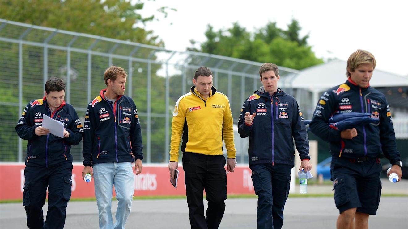 Sebastian Vettel (GER) Red Bull Racing walks the track with Tim Malyon (GBR) Red Bull Racing Performance Engineer. Formula One World Championship, Rd7, Canadian Grand Prix, Preparations, Montreal, Canada, Thursday, 5 June 2014