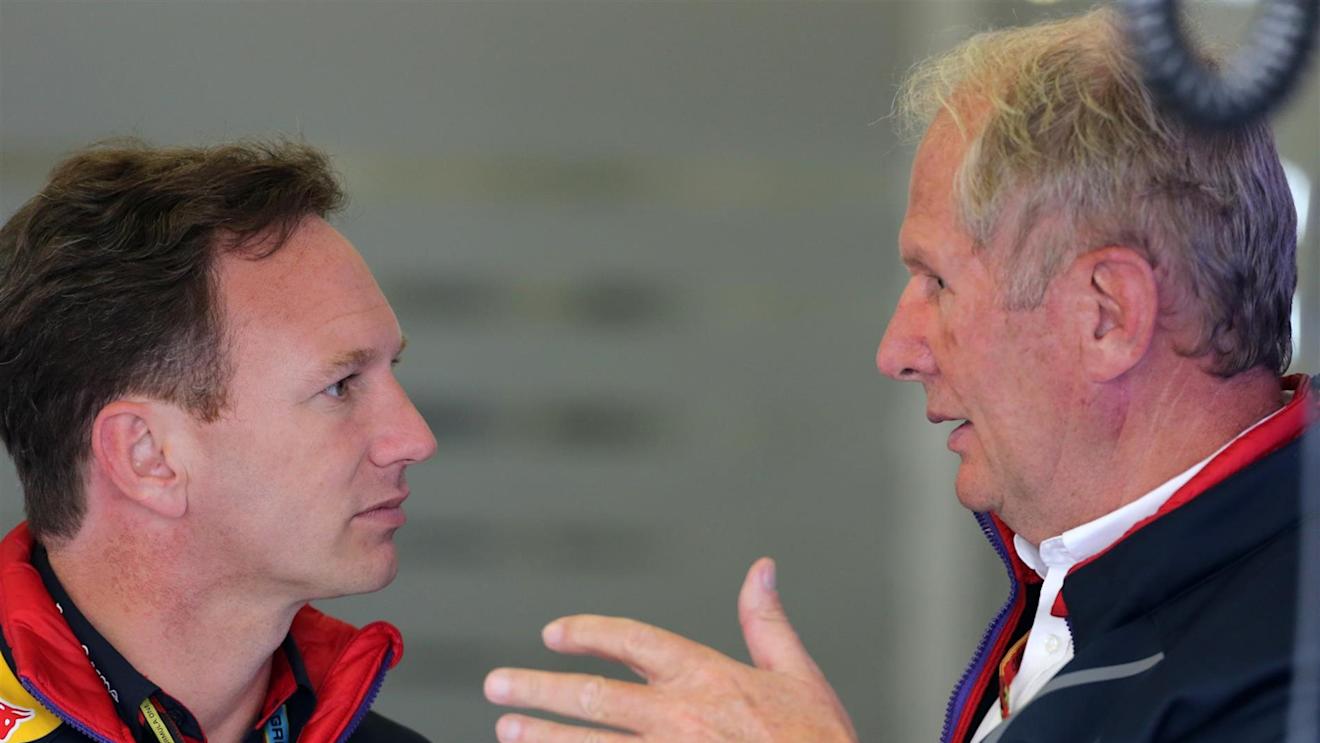 Christian Horner (GBR) Red Bull Racing Team Principal and Dr Helmut Marko (AUT) Red Bull Motorsport Consultant. Formula One World Championship, Rd9, British Grand Prix, Practice, Silverstone, England, Friday, 4 July 2014