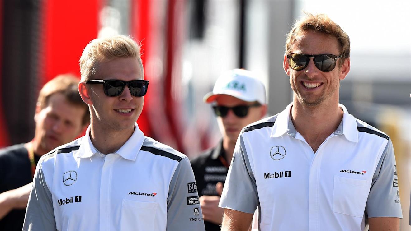 Kevin Magnussen (DEN) McLaren and Jenson Button (GBR) McLaren. Formula One World Championship, Rd11, Hungarian Grand Prix, Practice, Hungaroring, Hungary. Friday, 25 July 2014