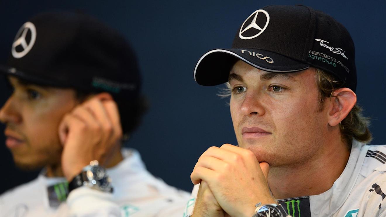 (L to R): Lewis Hamilton (GBR) Mercedes AMG F1 (2nd) and Nico Rosberg (GER) Mercedes AMG F1 (pole position) in the post qualifying Press Conference. Formula One World Championship, Rd12, Belgian Grand Prix, Qualifying, Spa-Francorchamps, Belgium, Saturday, 23 August 2014