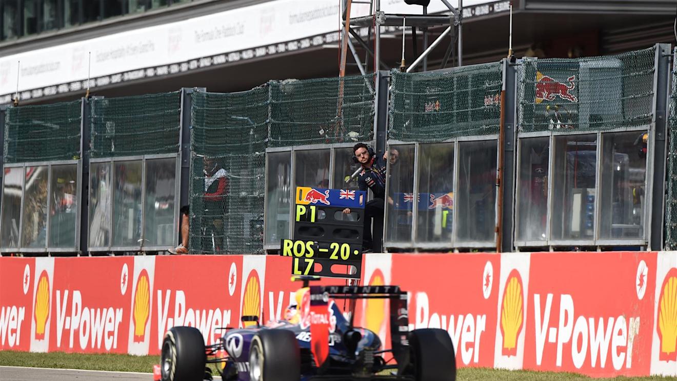 Pit board for Daniel Ricciardo (AUS) Red Bull Racing RB10. Formula One World Championship, Rd12, Belgian Grand Prix, Race Day, Spa-Francorchamps, Belgium, Sunday, 24 August 2014