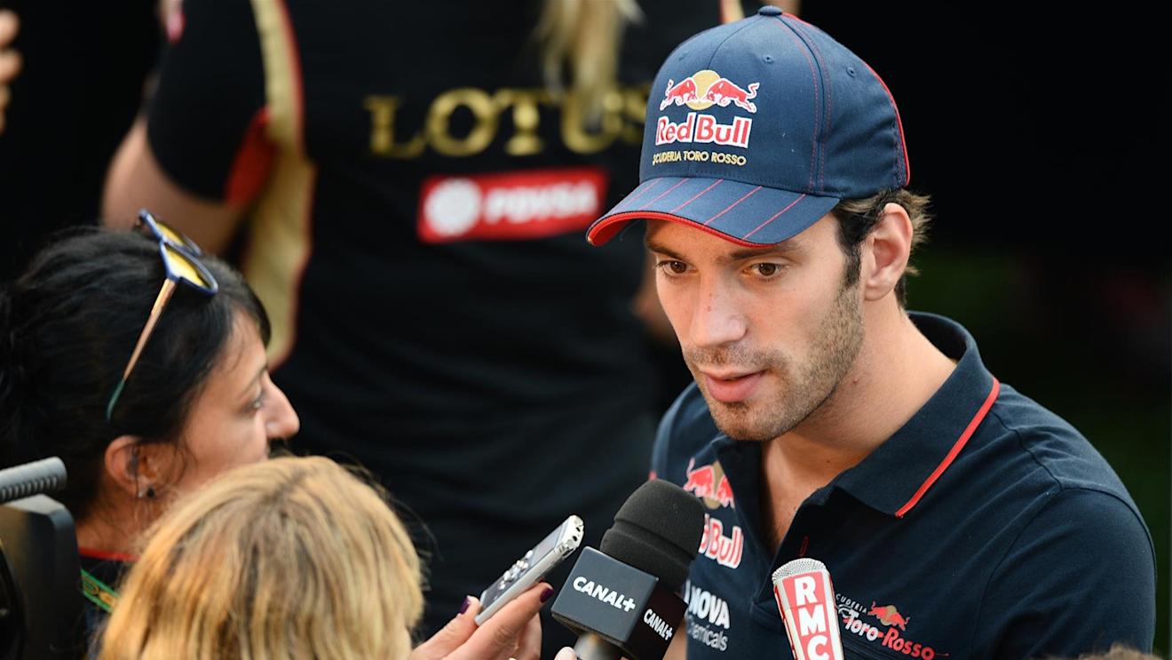Jean-Eric Vergne (FRA) Scuderia Toro Rosso talks with the media. Formula One World Championship, Rd14, Singapore Grand Prix, Marina Bay Street Circuit, Singapore, Preparations, Thursday, 18 September 2014