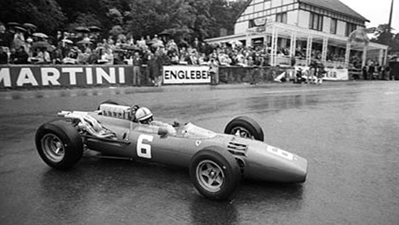 Spa, June 1966: John Surtees on his way to a clean sweep in the Belgian Grand Prix. In the Ferrari 312 he took pole position, fastest lap and victory. © Schlegelmilch © No reproduction without permission.