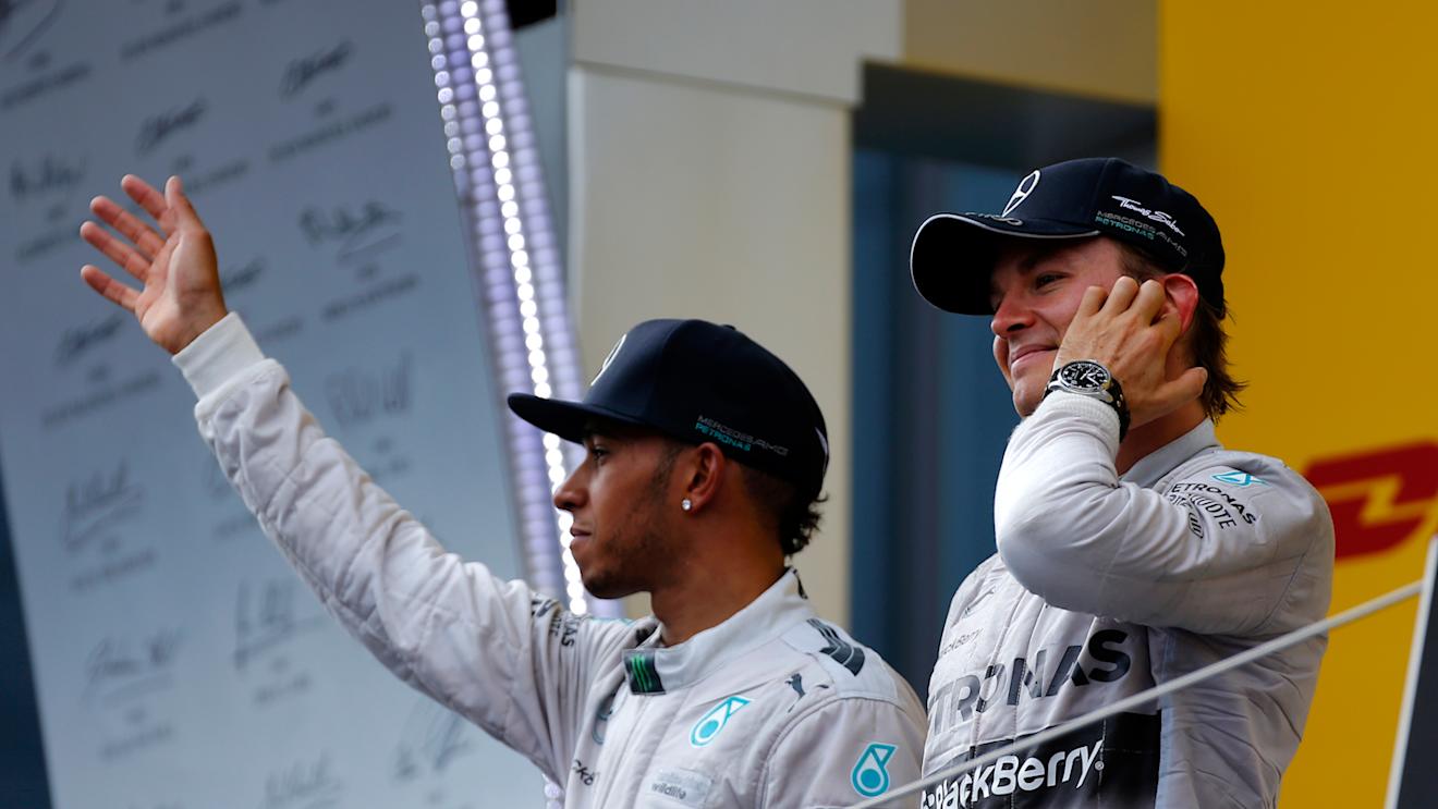 (L to R): Lewis Hamilton (GBR) Mercedes AMG F1 and race winner Nico Rosberg (GER) Mercedes AMG F1 on the podium.
Formula One World Championship, Rd8, Austrian Grand Prix, Race, Spielberg, Austria, Sunday 22 June 2014.