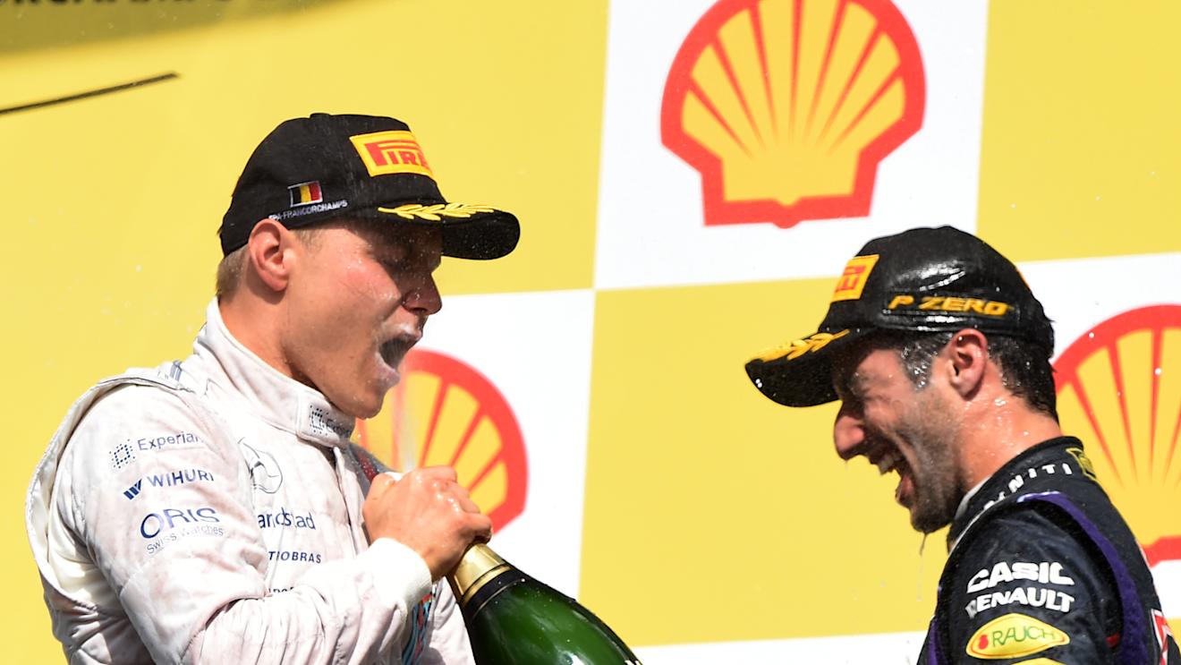 Valtteri Bottas (FIN) Williams and Daniel Ricciardo (AUS) Red Bull Racing celebrates on the podium with the champagne.
Formula One World Championship, Rd12, Belgian Grand Prix, Race Day, Spa-Francorchamps, Belgium, Sunday 24 August 2014. © Sutton Motorsport Images