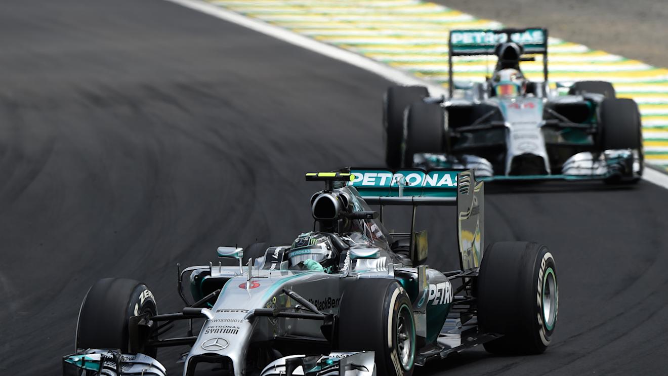 Nico Rosberg (GER) Mercedes AMG F1 W05 leads Lewis Hamilton (GBR) Mercedes AMG F1 W05. Formula One World Championship, Rd18, Brazilian Grand Prix, Race, Sao Paulo, Brazil, Sunday 9 November 2014. © Sutton Motorsport Images