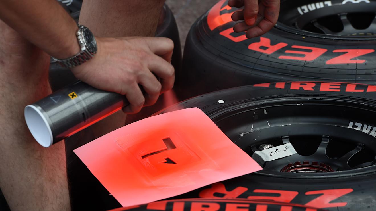 Pirelli tyres are sprayed with a stencil.
Formula One World Championship, Rd6, Monaco Grand Prix, Preparations, Monte-Carlo, Monaco, Wednesday 21 May 2014.