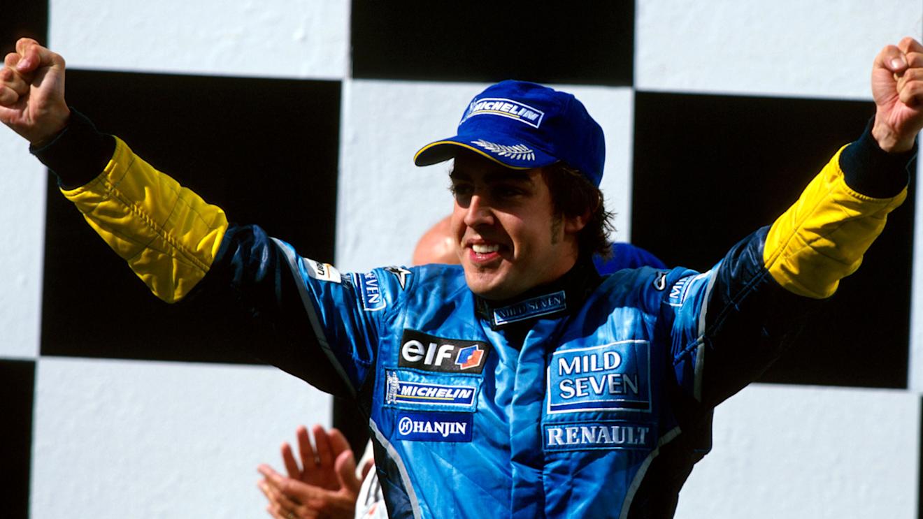 Fernando Alonso (ESP) Renault celebrates on the podium becoming the youngest ever winner of a Grand Prix and claiming Renault's first GP win in 20 years.
Hungarian Grand Prix, Rd13, Hungaroring, Budapest, 24 August 2003.
© ©Sutton Motorsport Images