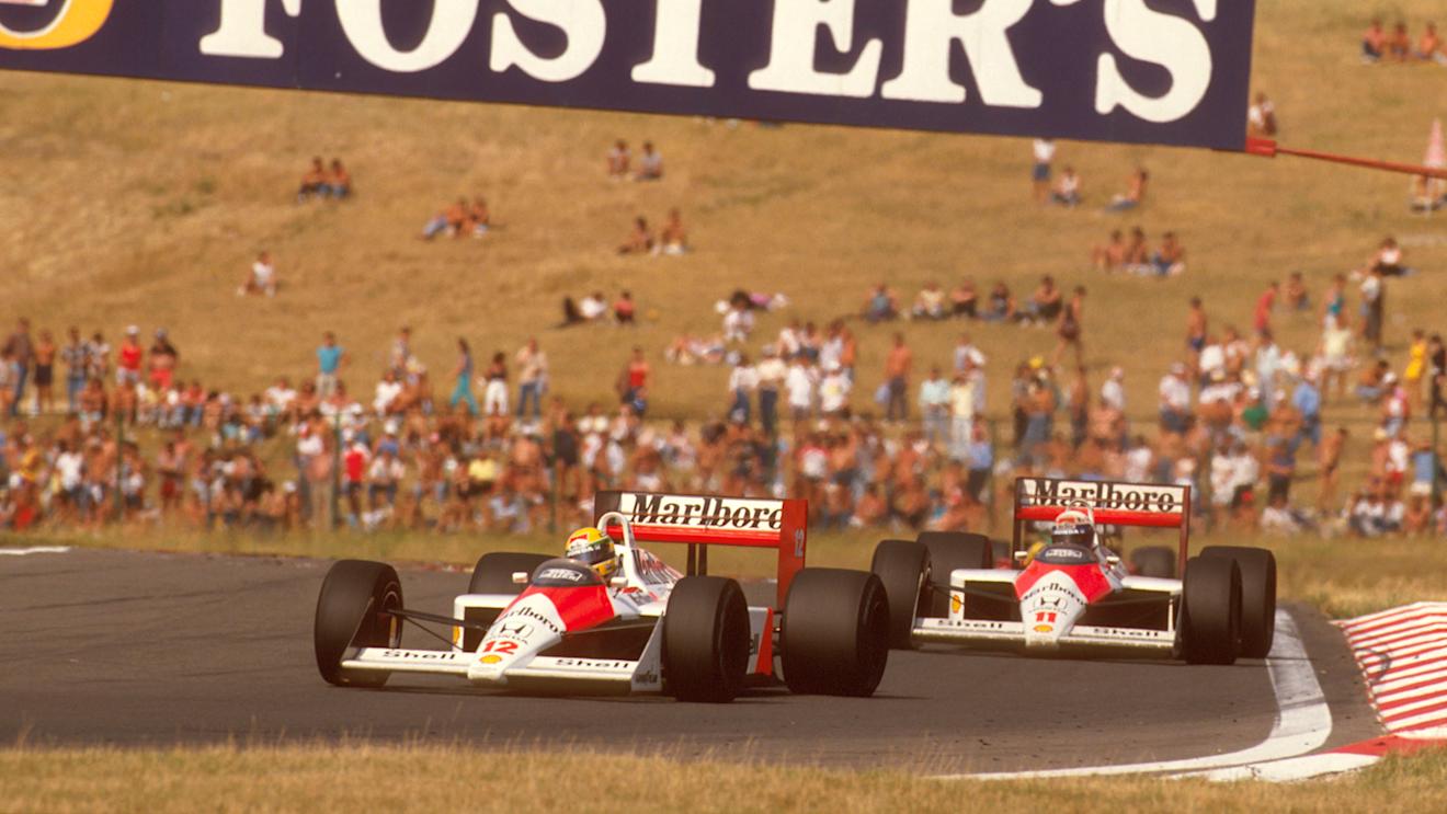 Ayrton Senna (McLaren MP4/4 Honda) 1st position, followed by teammate Alain Prost. Hungaroring, Budapest, Hungary. 5-7 August 1988. World Copyright - LAT Photographic