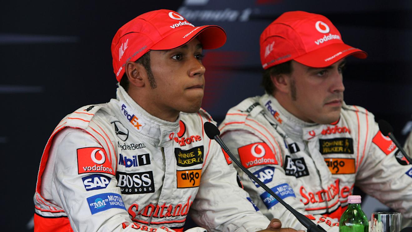 (L to R): second placed Lewis Hamilton (GBR) McLaren and pole sitter Fernando Alonso (ESP) McLaren in the FIA Press Conference.
Formula One World Championship, Rd 11, Hungarian Grand Prix, Qualifying Day, Budapest, Hungary, Saturday 4 August 2007.
 © Sutton Motorsport Images