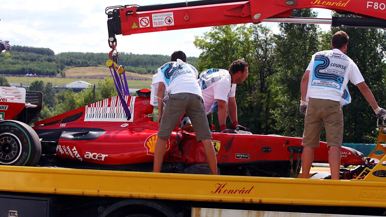 The Ferrari F2009 of Felipe Massa (BRA) Ferrari after his heavy qualifying crash.
Formula One World Championship, Rd 10, Hungarian Grand Prix, Qualifying Day, Budapest, Hungary, Saturday 25 July 2009.
 © Sutton Motorsport Images
