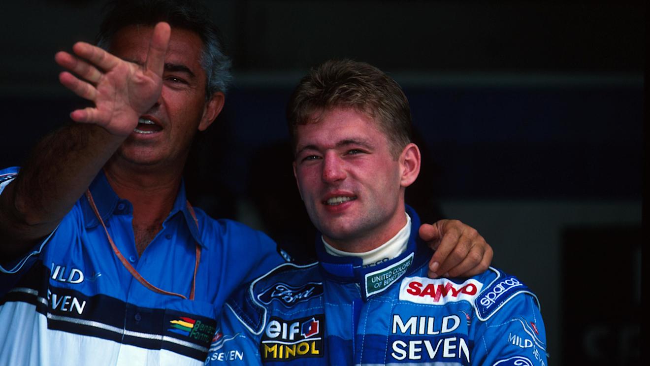 Jos Verstappen (NED) gets some helpful advice from Flavio Briatore (ITA) Benetton F1 Boss, left.
Hungarian Grand Prix, Budapest, 14  August 1994