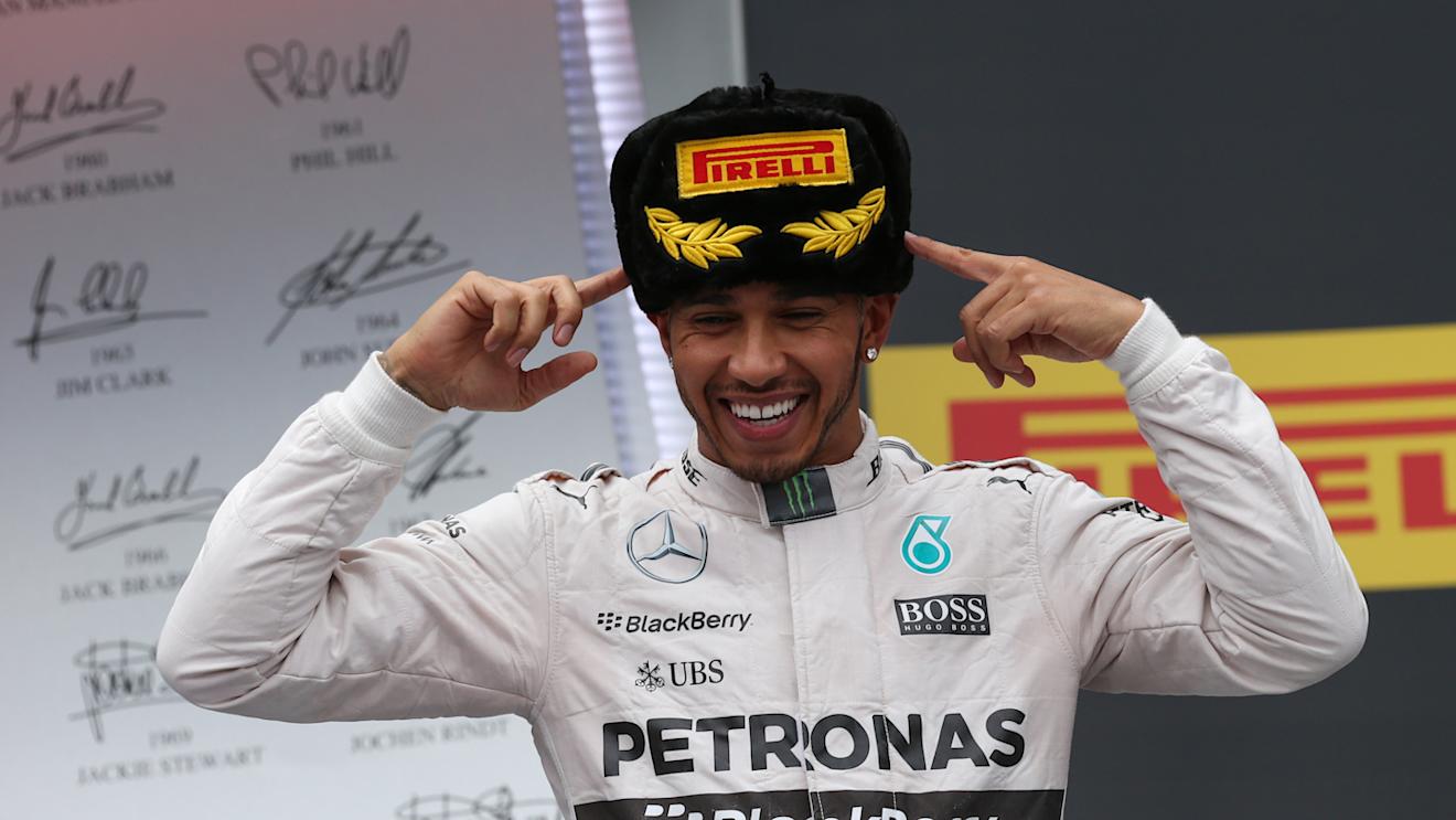 Race winner Lewis Hamilton (GBR) Mercedes AMG F1 celebrates on the podium at Formula One World Championship, Rd15, Russian Grand Prix, Race, Sochi Autodrom, Sochi, Krasnodar Krai, Russia, Sunday 11 October 2015. © Sutton Motorsport Images
