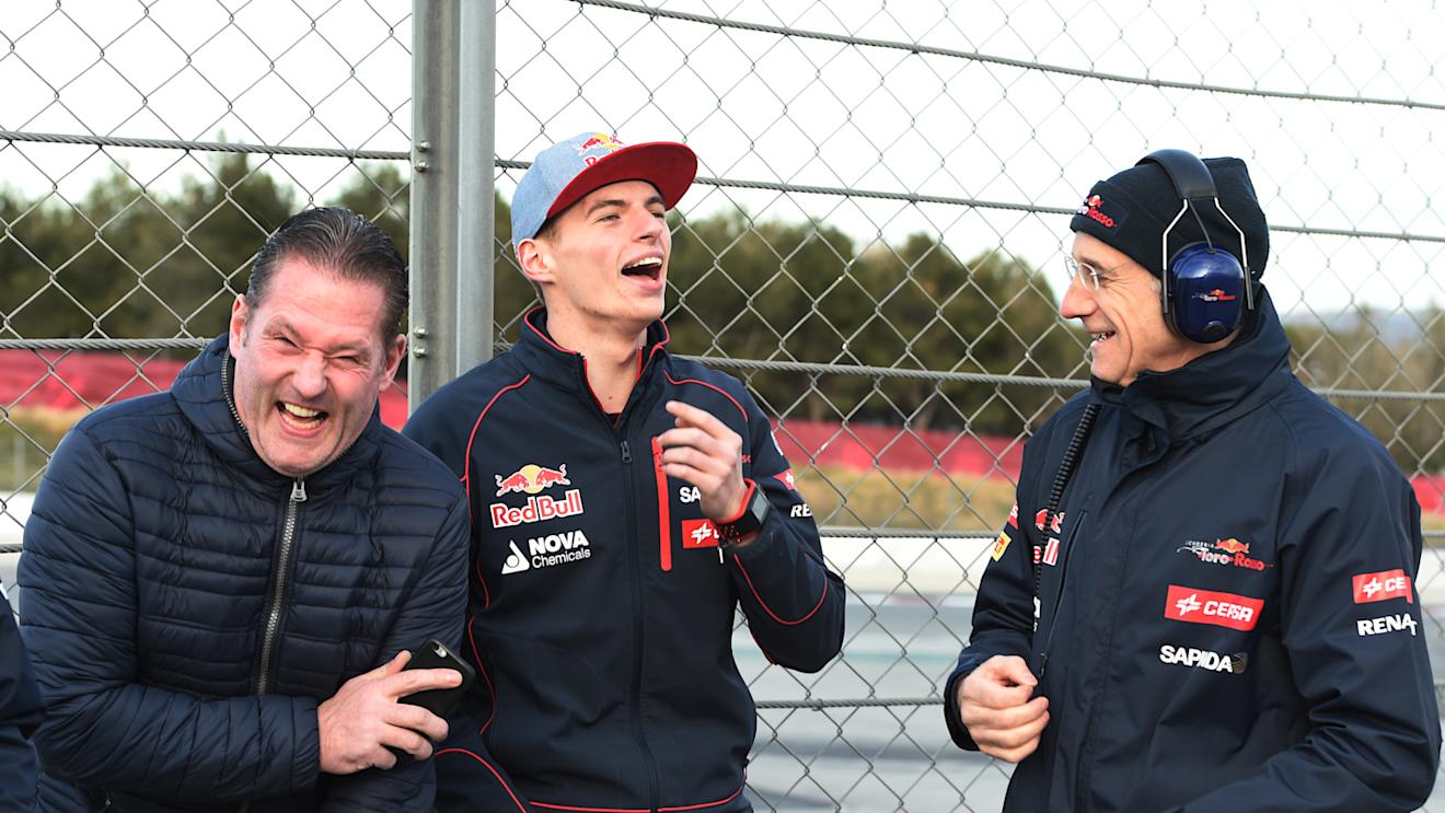 Max Verstappen (NDL) Scuderia Toro Rosso with father Jos Verstappen (NDL) and Franz Tost (AUT) Scuderia Toro Rosso Team Principal at Formula One Testing, Day Three, Barcelona, Spain, 28 February 2015.