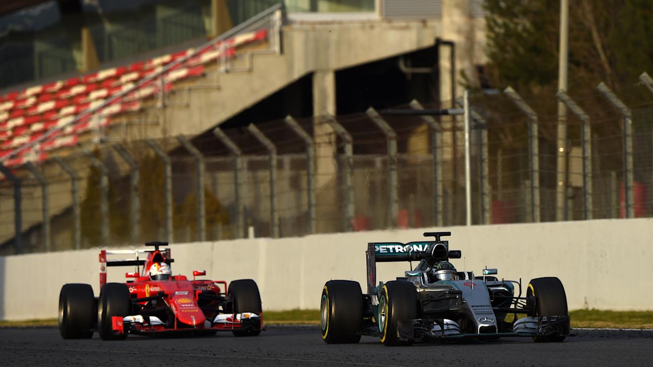 Nico Rosberg (GER) Mercedes AMG F1 W06 and Sebastian Vettel (GER) Ferrari SF15-T at Formula One Testing, Day Four, Barcelona, Spain, 1 March 2015.
