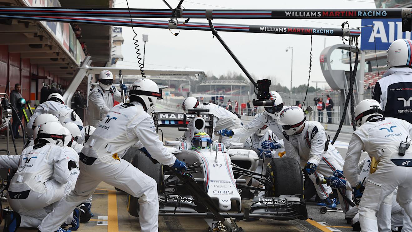 Williams F1 team pit stop practice at Formula One Testing, Day Three, Barcelona, Spain, 21 February 2015.