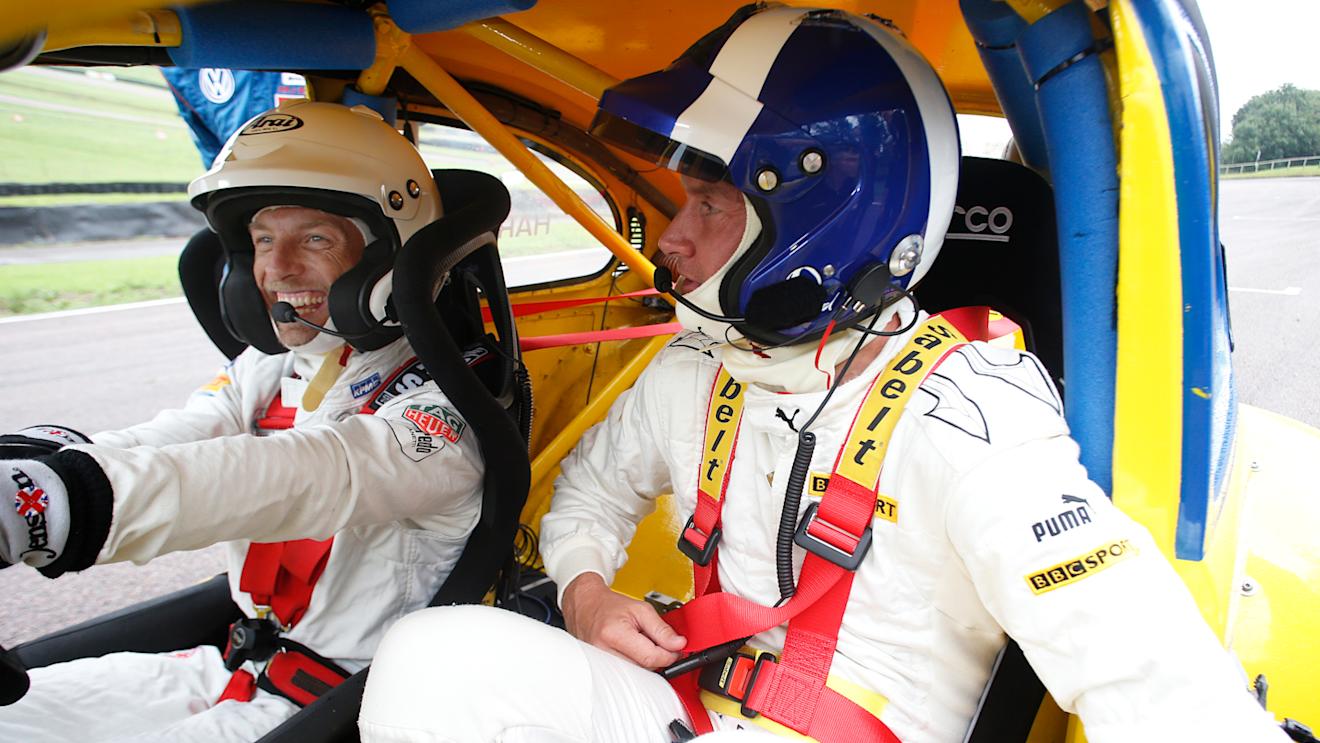 McLaren's Jenson Button (left) samples a 1974 VW Beetle - similar to the car that his late father used to race in the British Rallycross Championship - along with ex-F1 driver David Coulthard, at the UK's Lydden Hill circuit, home to the British round of the FIA World Rallycross Championship. © FIA World Rallycross Championship