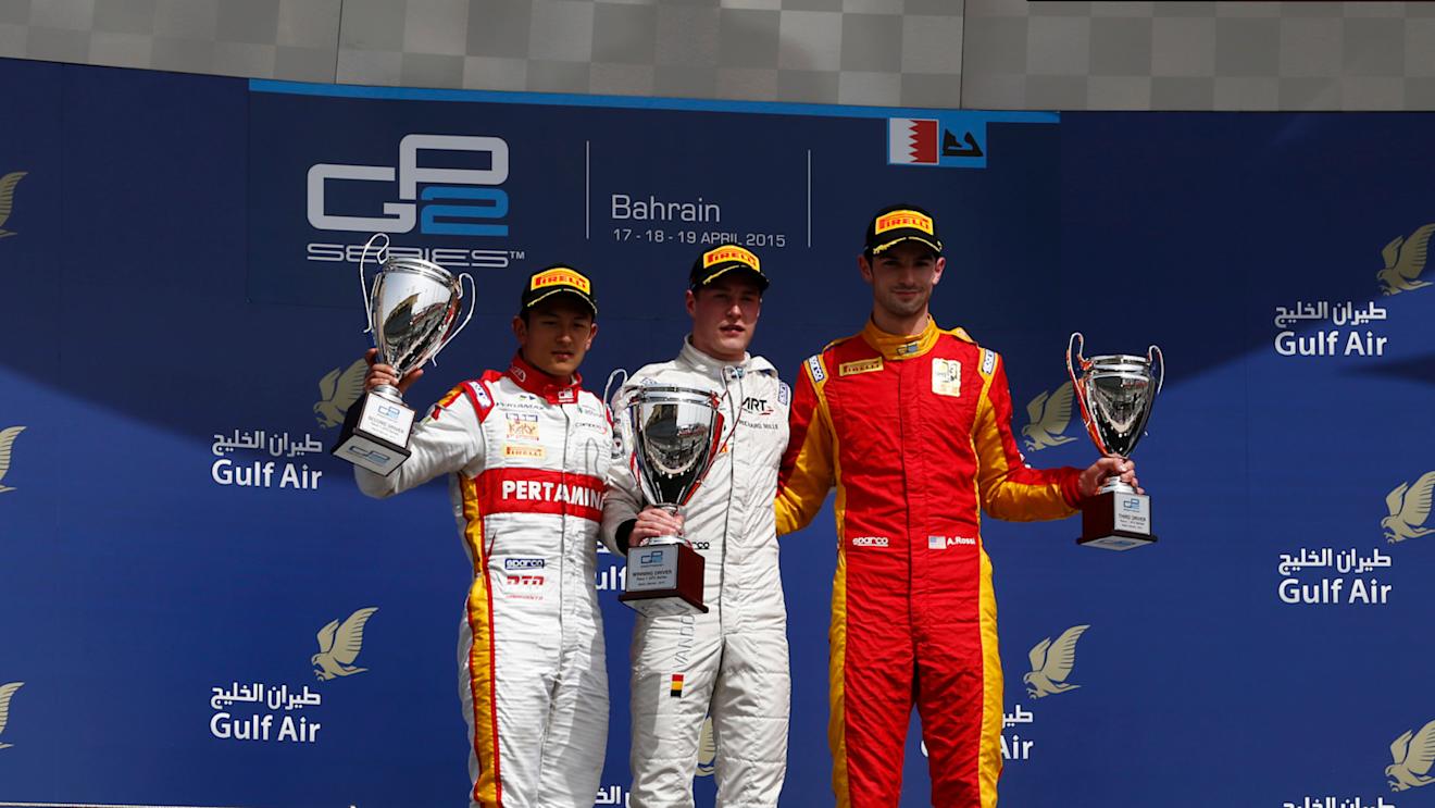(L to R): Second placed Rio Haryanto (INA) Trident, race winner Stoffel Vandoorne (BEL) ART Grand Prix and third placed Alexander Rossi (USA) Racing Engineering celebrate on the podium at GP2 Series, Rd1, Bahrain International Circuit, Sakhir, Bahrain, 17-19 April 2015. © Sutton Motorsport Images