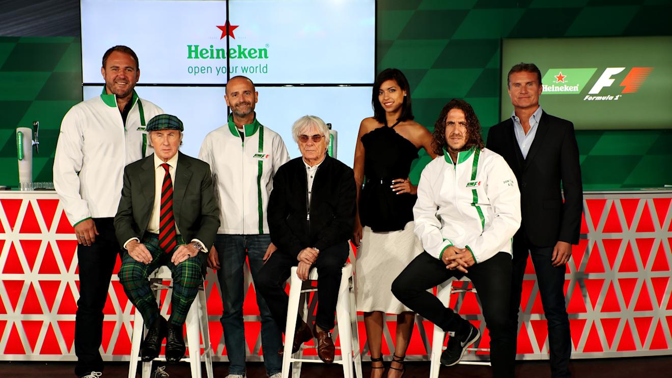 Heineken announces global partnership with Formula One Management. Pictured (back row, left to right): Scott Quinnell, Gianluca Di Tondo, Stephanie Sigman, David Coulthard, (front row left to right) Sir Jackie Stewart, Bernie Ecclestone and Carlos Puyol. © Heineken © 2016 Getty Images