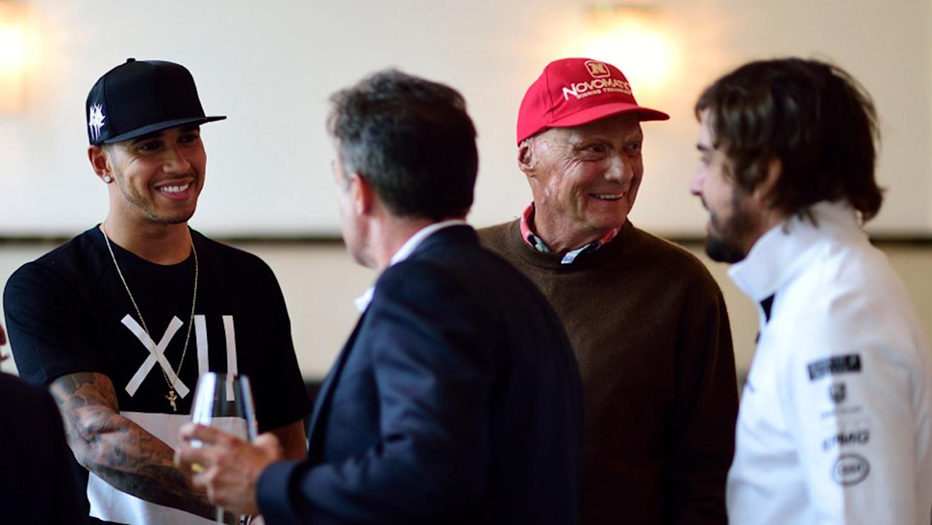 (L to R) Lewis Hamilton, Jean Alesi, Niki Lauda, Fernando Alonso © Mario Renzi