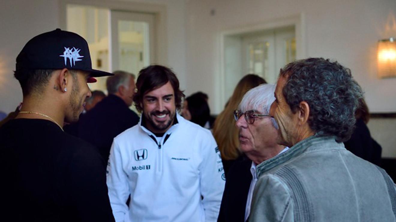 (L to R) Lewis Hamilton, Fernando Alonso, Bernie Ecclestone, Alain Prost © Mario Renzi