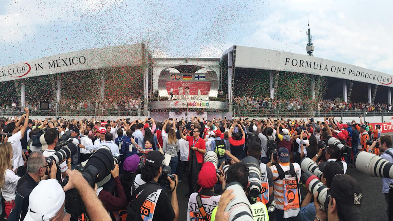 Podium, at Formula One World Championship, Rd17, Mexican Grand Prix, Race, Circuit Hermanos Rodriguez, Mexico City, Mexico, Sunday 1 November 2015. © FOWC Ltd