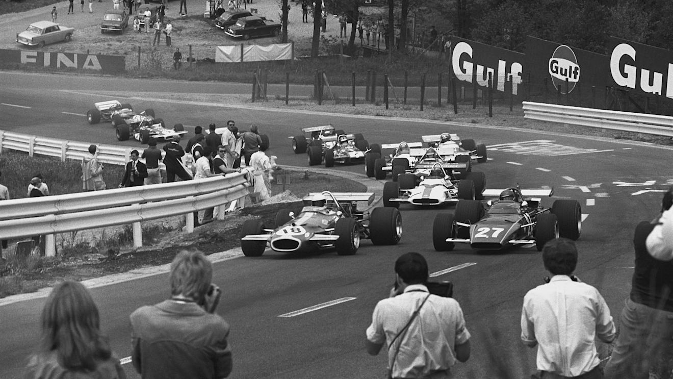 Jack Brabham (Brabham BT33-Ford), retired, leads Jacky Ickx (Ferrari 312B), 8th position, through Eau Rouge, action. 1970 Belgian Grand Prix. © LAT Photographic.
Ref: 3130 - 30A.