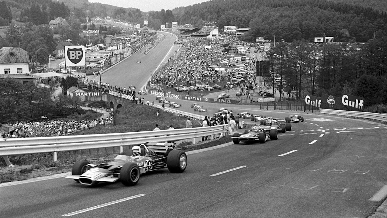 The start: Jochen Rindt(AUT) Lotus 49C, leads from Chris Amon, Jackie Stewart, Jacky Ickx and Jack Brabham. 1970 Belgian Grand Prix. © Sutton Motorsport Images