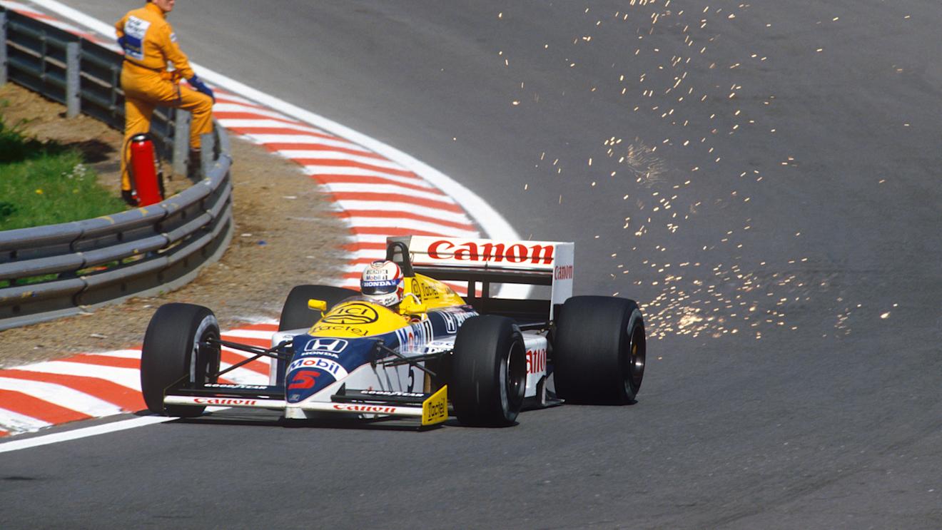 Nigel Mansell (Williams FW11 Honda) 1st position at Eau Rouge. 1986 Belgian Grand Prix. © LAT Photographic