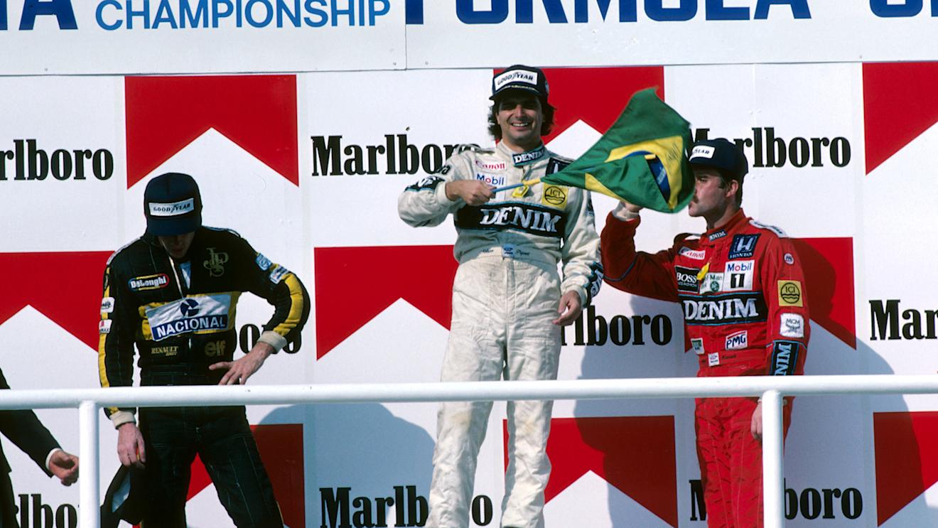 Podium and Results: first Nelson Piquet (BRA) Williams middle, second Ayrton Senna (BRA) Lotus left and third Nigel Mansell (GBR) Williams right.
Hungarian Grand Prix, Hungaroring, Budapest, Hungary, 10 August 1986. © Sutton Motorsport Images