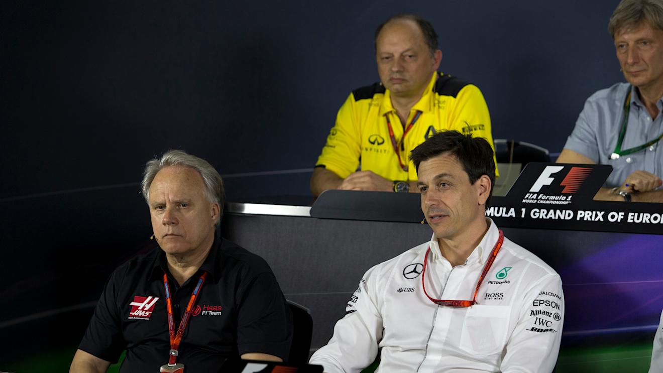 Gene Haas (USA) Founder and Chairman, Haas F1 Team and Toto Wolff (AUT) Mercedes AMG F1 Director of Motorsport in the Press Conference at Formula One World Championship, Rd8, European Grand Prix, Practice, Baku City Circuit, Baku, Azerbaijan, Friday 17 June 2016. © Sutton Images