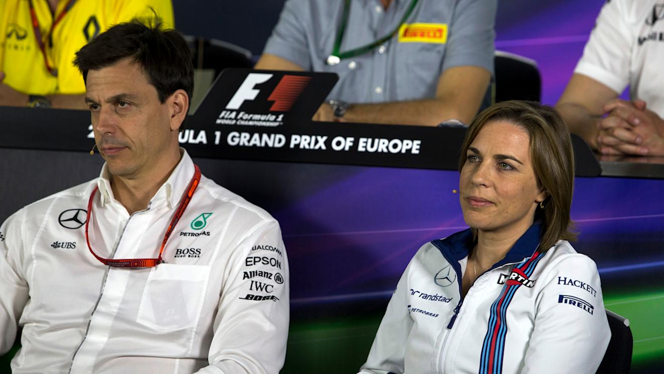 Toto Wolff (AUT) Mercedes AMG F1 Director of Motorsport and Claire Williams (GBR) Williams Deputy Team Principal in the Press Conference at Formula One World Championship, Rd8, European Grand Prix, Practice, Baku City Circuit, Baku, Azerbaijan, Friday 17 June 2016. © Sutton Images