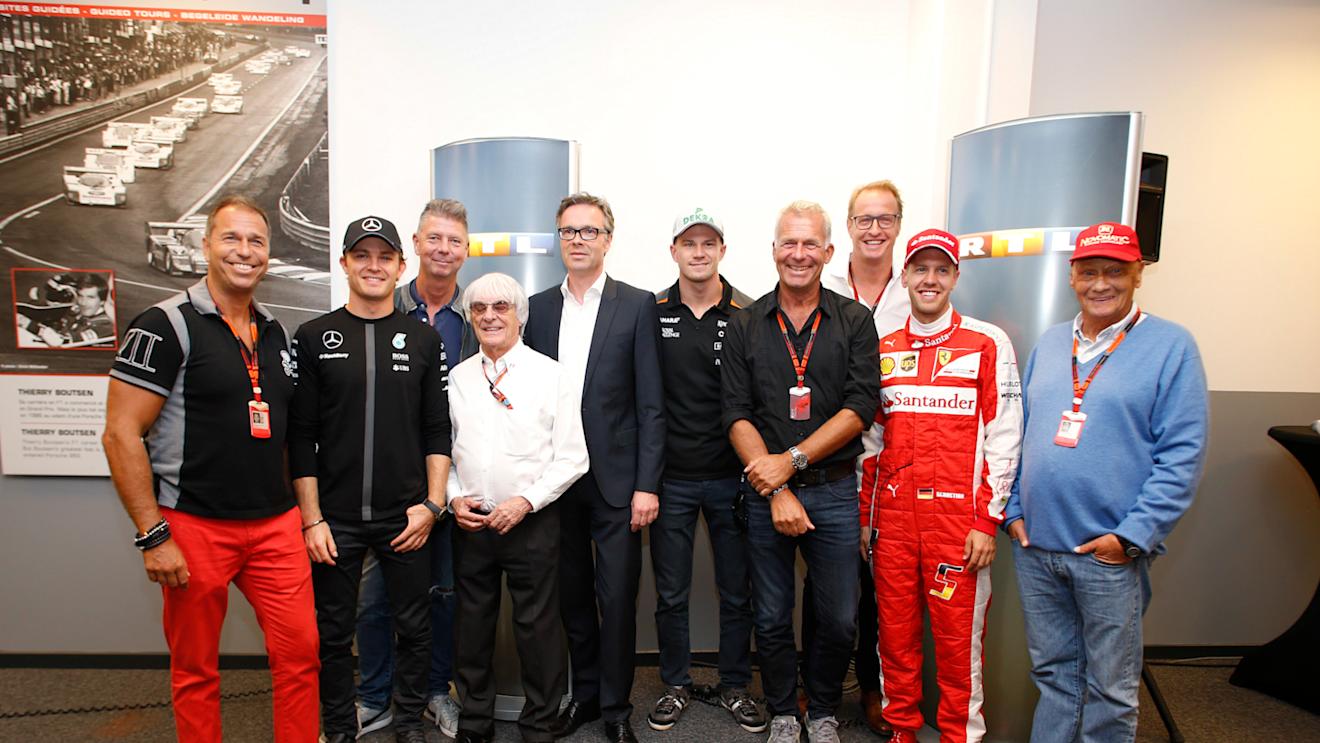 Spa-Francorchamps, Spa, Belgium. Friday 21 August 2015. Bernie Ecclestone, CEO and President, FOM, and German TV Channel RTL announce a new extension to their TV rights deal, with RTL reporters and pundits, and German drivers Nico Rosberg, Mercedes AMG, Nico Hulkenberg, Force India, and Sebastian Vettel, Ferrari, in attendance. © Steven Tee/LAT Photographic