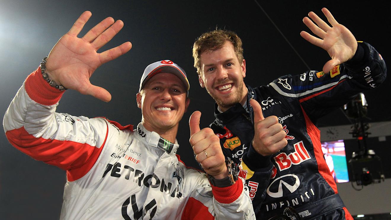 Michael Schumacher and Sebastian Vettel celebrate a sixth successive Nations Cup win in 2012. © Race Of Champions