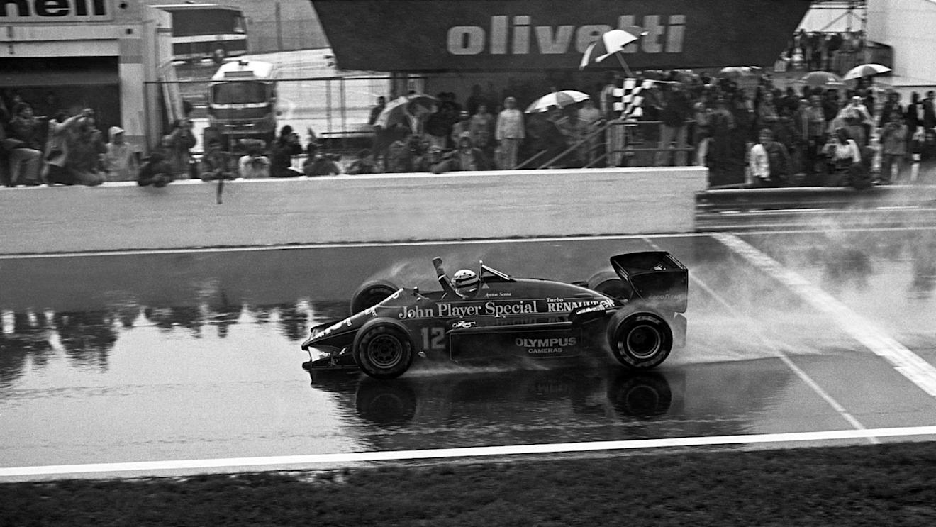 Ayrton Senna (BRA) Lotus 97T crosses the line to win his first Grand Prix.
Formula One World Championship, Rd2, Portuguese Grand Prix, Estoril, Portugal, 21 April 1985.
 © Sutton Motorsport Images