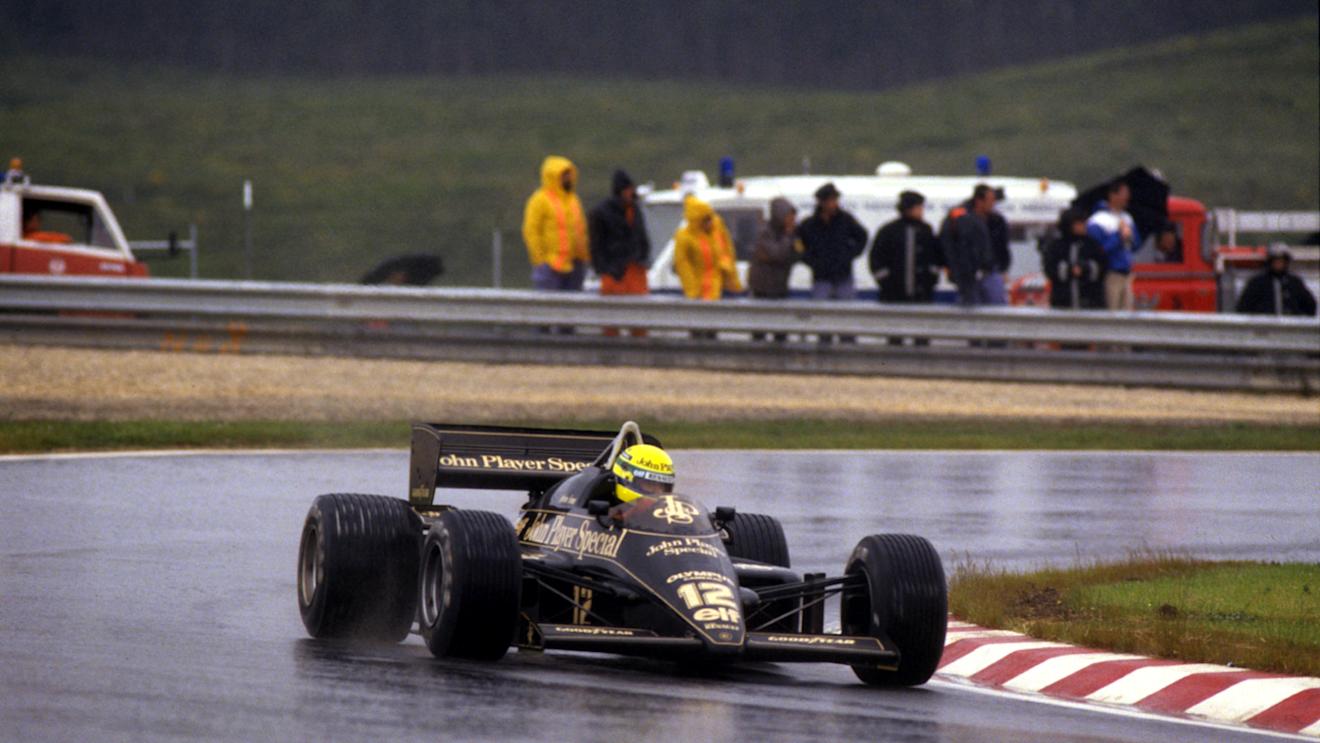 Ayrton Senna (BRA) Lotus 97T dominated the race in appalling conditions to claim his first Grand Prix victory. 
Portuguese Grand Prix, Estoril, 21 April 1985.
 © Sutton Motorsport Images