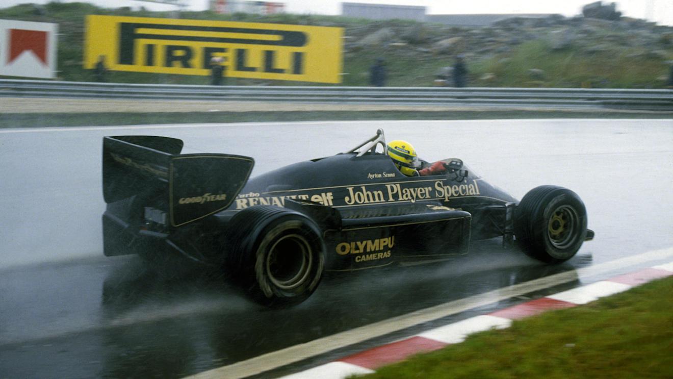 Ayrton Senna (BRA) Lotus 97T dominated the race in appalling conditions to claim his first Grand Prix victory. 
Portuguese Grand Prix, Estoril, 21 April 1985.
 © Sutton Motorsport Images