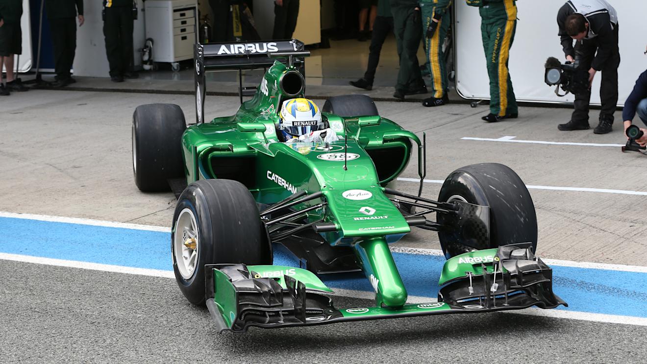 Marcus Ericsson exits the garage in the unusual Caterham CT05. Formula One Testing, Jerez, Spain, Day One, Tuesday 28 January 2014. © Sutton Motorsport Images