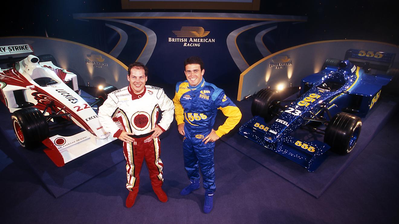 Jacques Villeneuve (CDN) and Riccardo Zonta (BRA) with their dual-liveried cars at British American Racing's 1999 Launch, BAR Factory, Brackley, England, 6 January 1999. © Sutton Motorsport Images