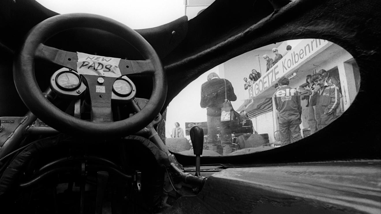 A view from inside the cockpit of the six-wheeled Tyrrell P34 which had clear cut-outs incorporated into the bodywork to allow the drivers to see the small front wheels. German Grand Prix, Nurburgring, 1 August 1976. © Sutton Motorsport Images