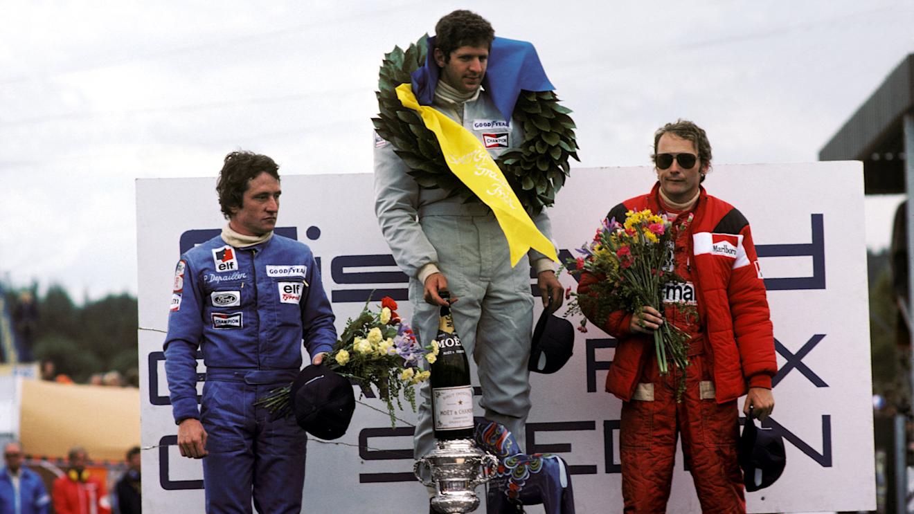 The podium in Sweden: Jody Scheckter is flanked by team mate Patrick Depailler (left) and Ferrari's Niki Lauda, Anderstorp, 13 June 1976. ©Sutton Motorsport Images