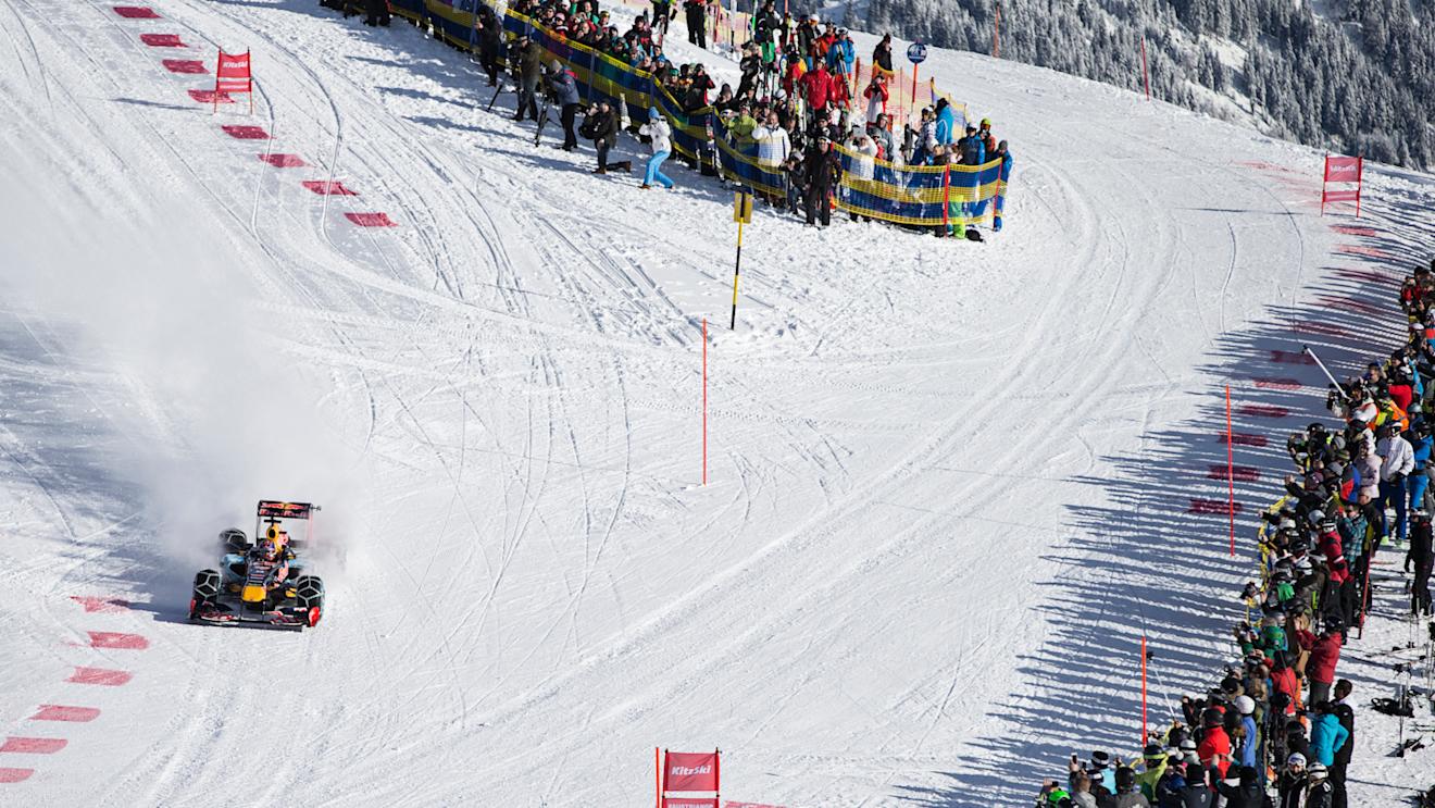 Max Verstappen performs during the F1 Showrun at the Hahnenkamm in Kitzbuhel, Austria on January 14, 2016. © Samo Vidic/Red Bull Content Pool