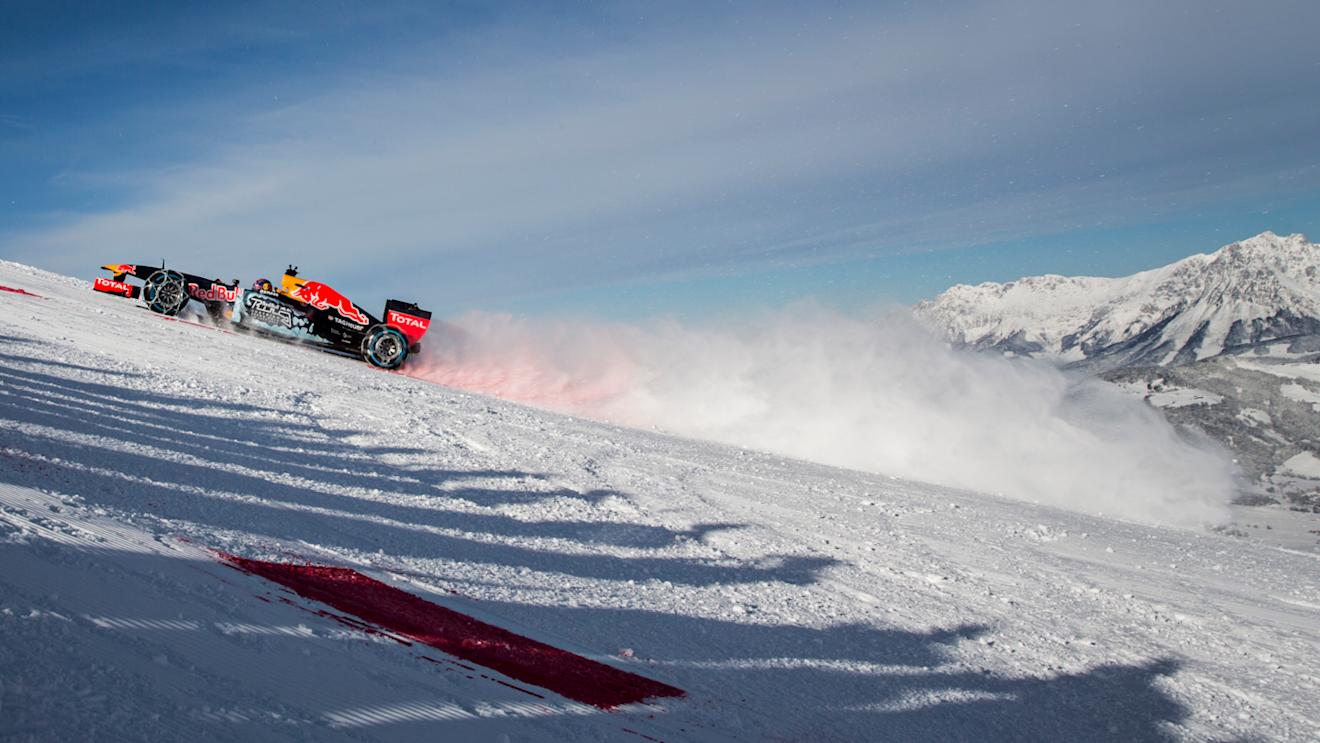 Max Verstappen performs during the F1 Showrun at the Hahnenkamm in Kitzbuhel, Austria on January 14, 2016. © Samo Vidic/Red Bull Content Pool