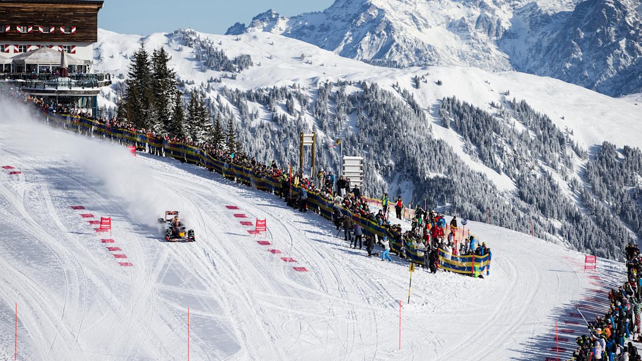 Max Verstappen performs during the F1 Showrun at the Hahnenkamm in Kitzbuhel, Austria on January 14, 2016. © Samo Vidic/Red Bull Content Pool
